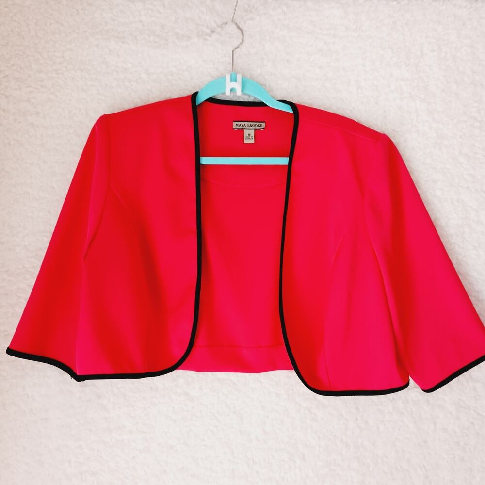 Jacket Women Open Maya Brooke Coral Black Trim Cropped Office Casual Size 16